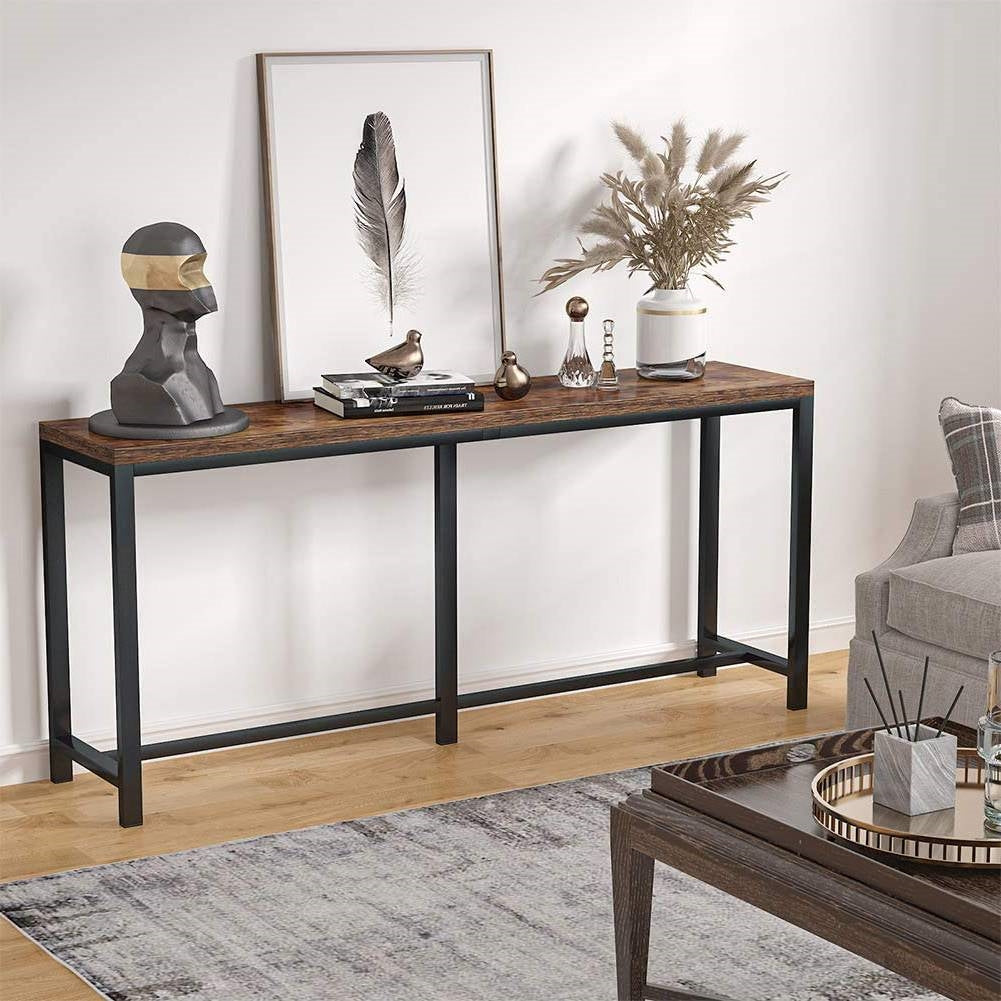Wood-Black Metal Hallway Sofa Table, 70-inch