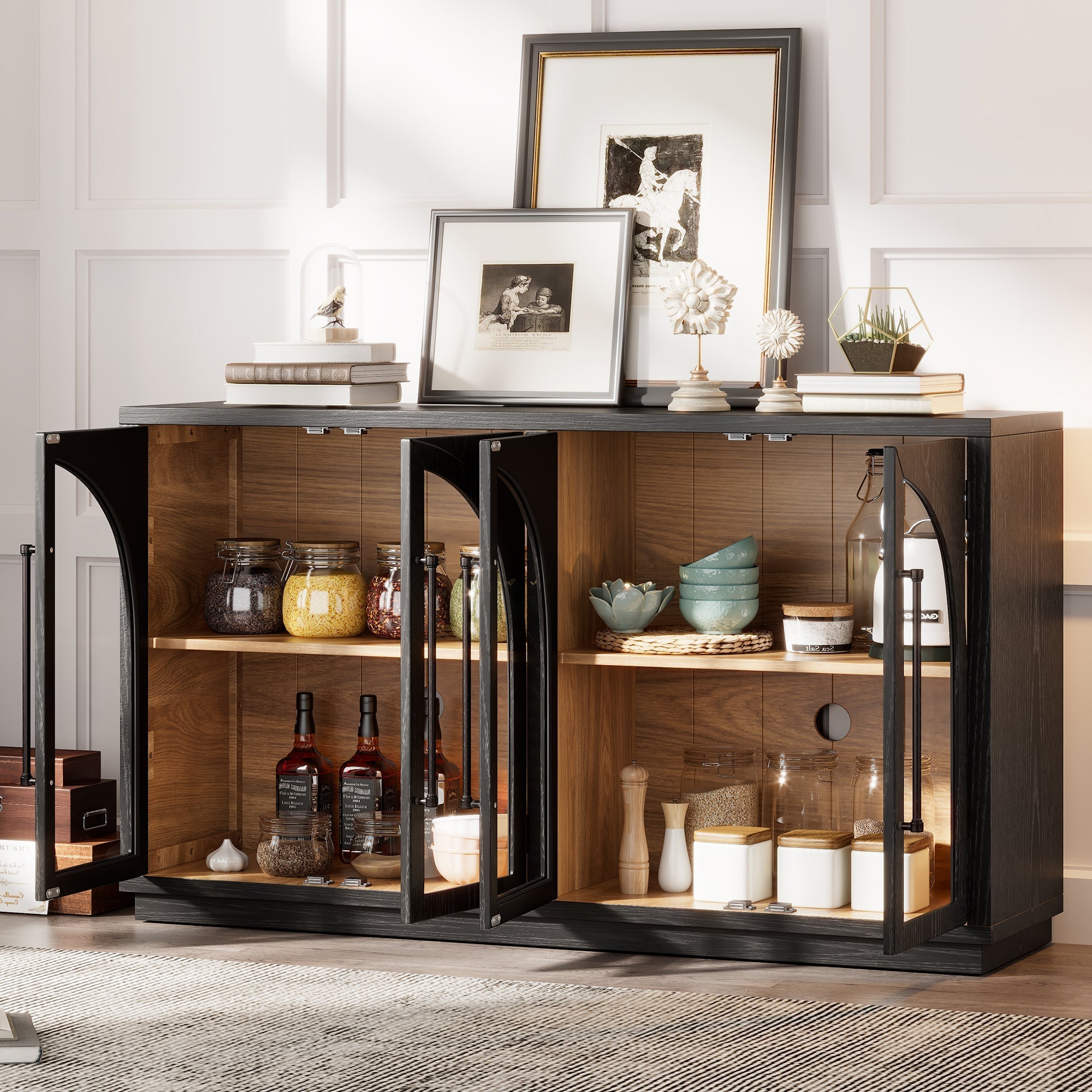 4-Door Storage Sideboard Buffet Cabinet with Arched Glass Doors