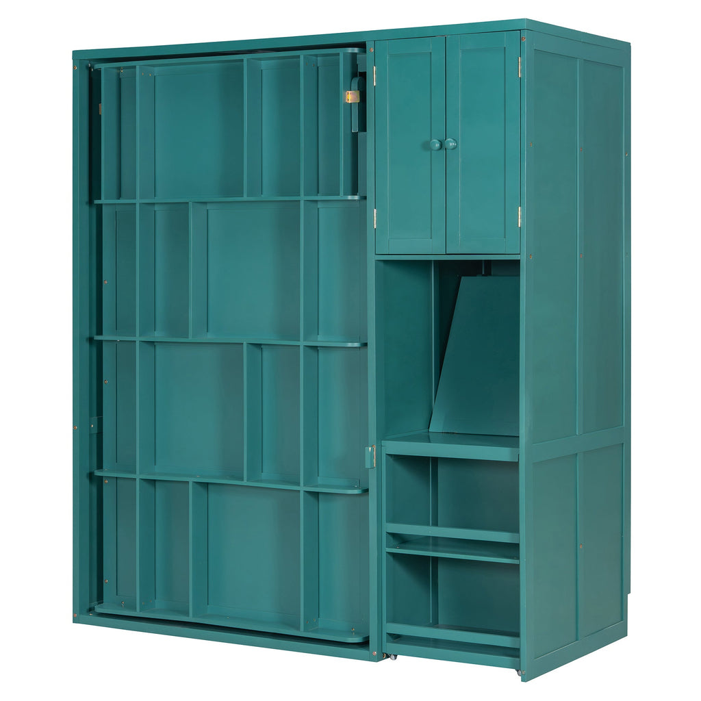 Rotating Wall Murphy Beds with Bookshelf, Teal (TWIN)