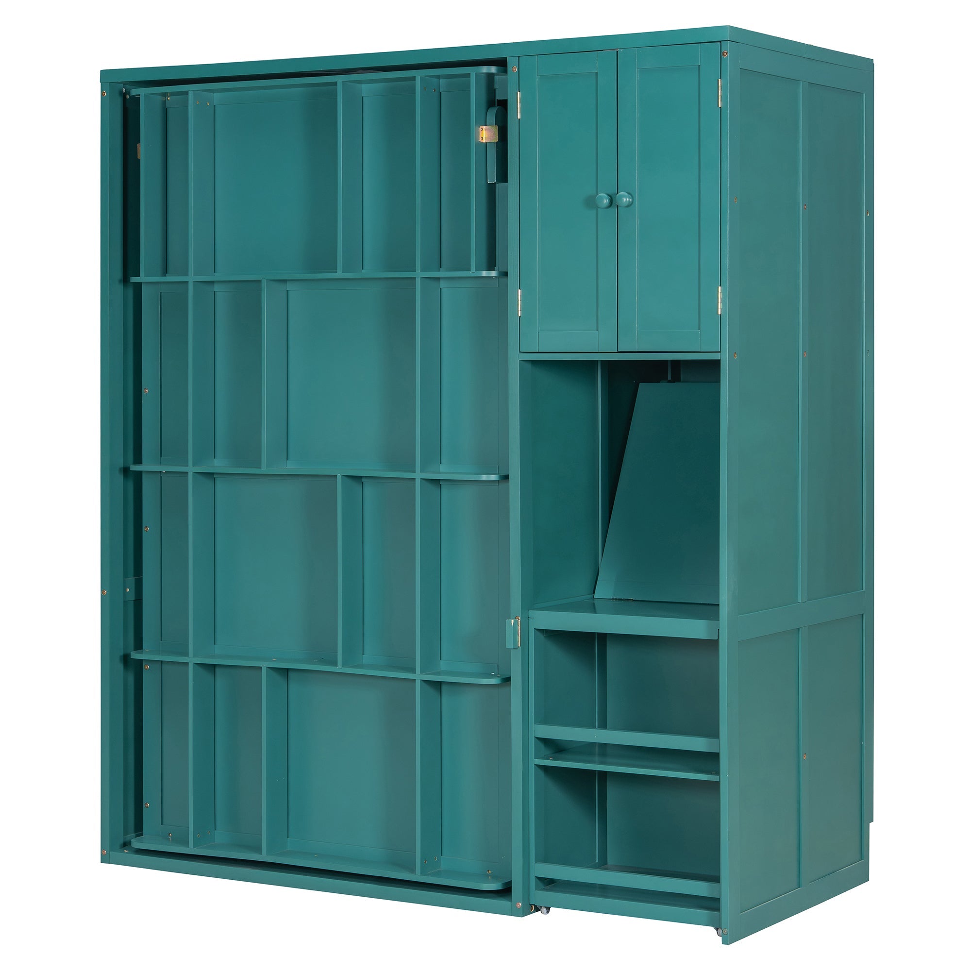 Rotating Wall Murphy Beds with Bookshelf, Teal (TWIN)