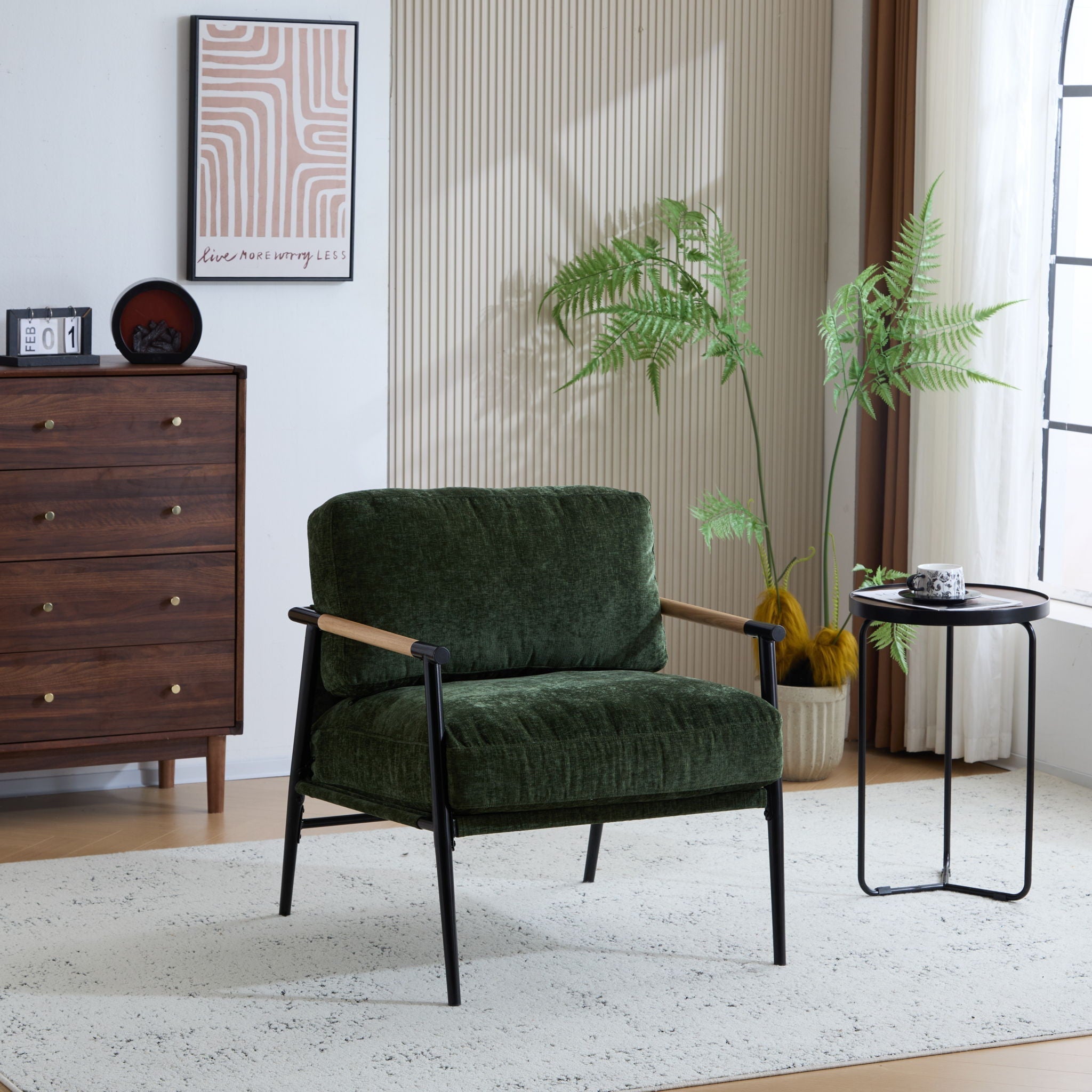 Modern Accent Chair With Plush Cushions and Wooden Armrests