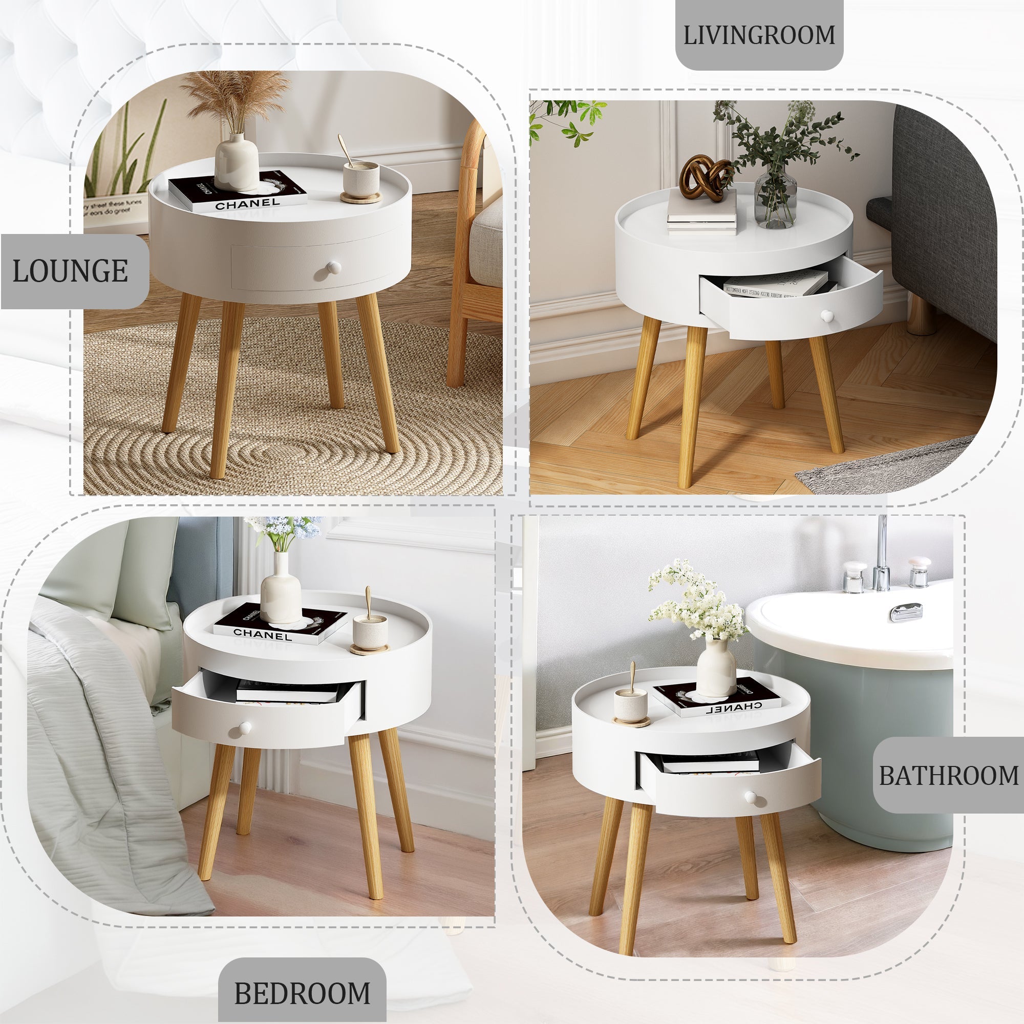 Nightingale 18"H Table with Drawer & Oak Legs, White
