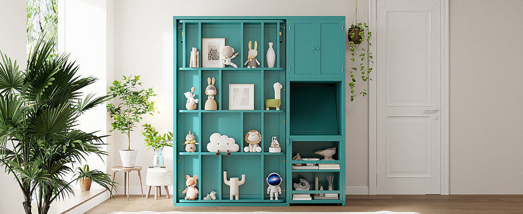 Rotating Wall Murphy Beds with Bookshelf, Teal (TWIN)