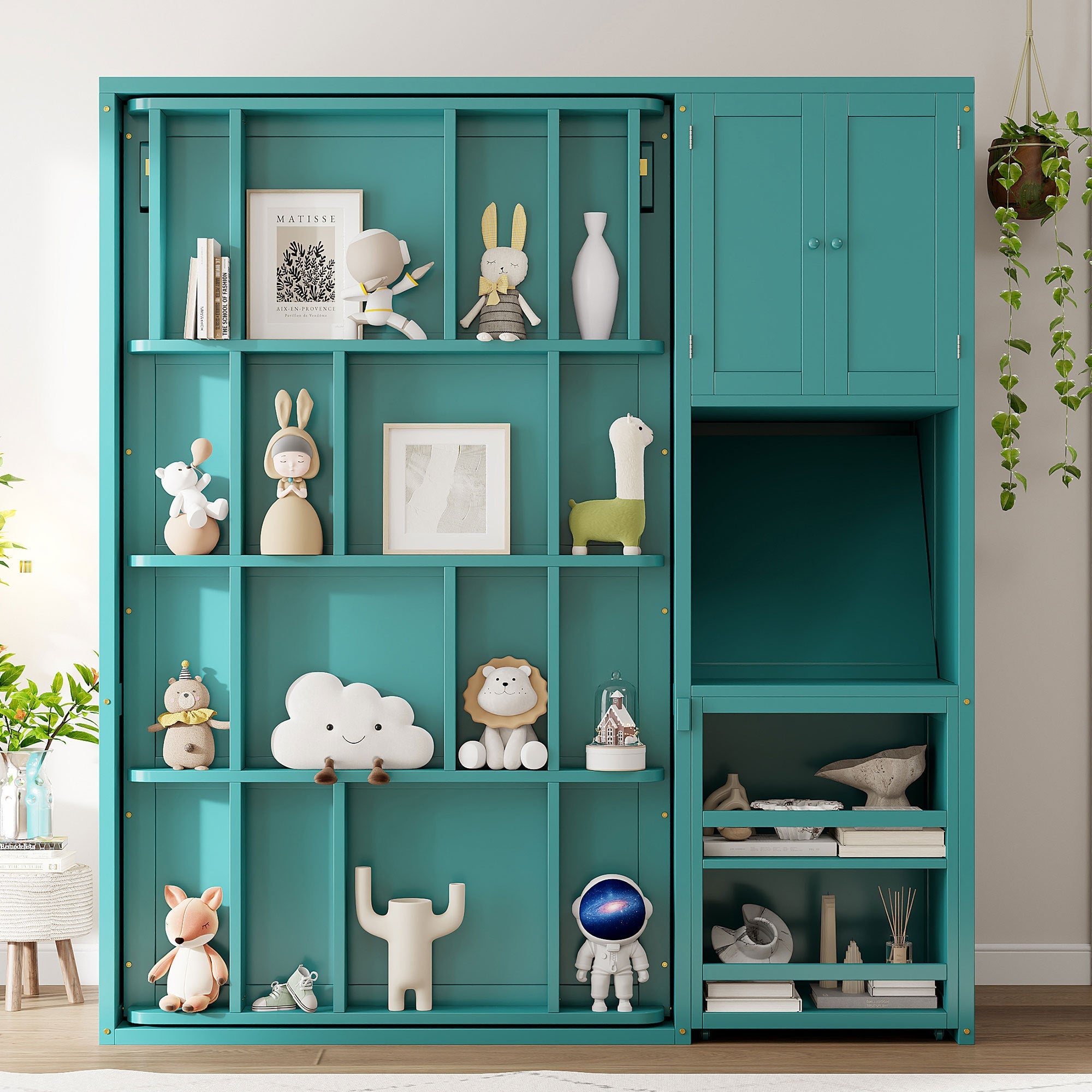 Rotating Wall Murphy Beds with Bookshelf, Teal (TWIN)