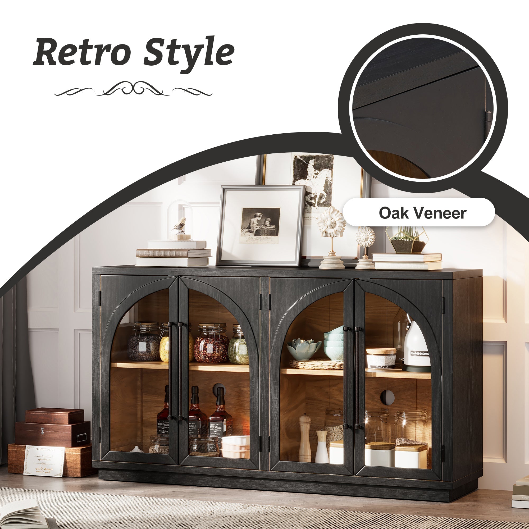4-Door Storage Sideboard Buffet Cabinet with Arched Glass Doors