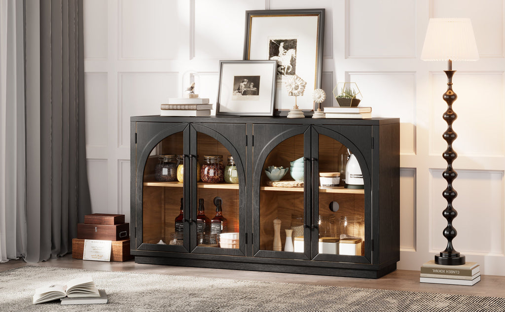 4-Door Storage Sideboard Buffet Cabinet with Arched Glass Doors