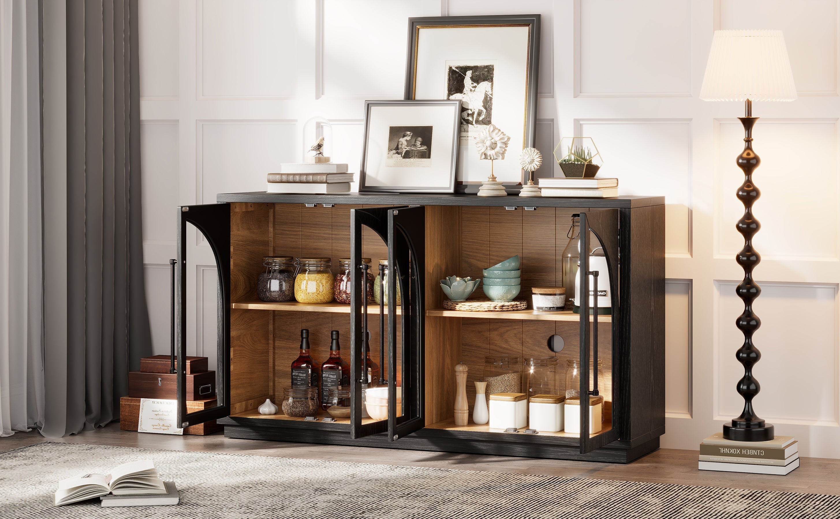 4-Door Storage Sideboard Buffet Cabinet with Arched Glass Doors