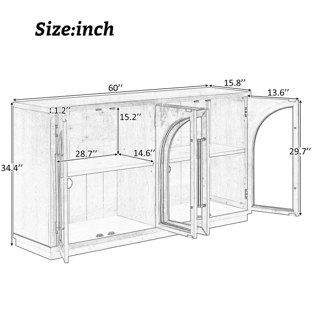 4-Door Storage Sideboard Buffet Cabinet with Arched Glass Doors