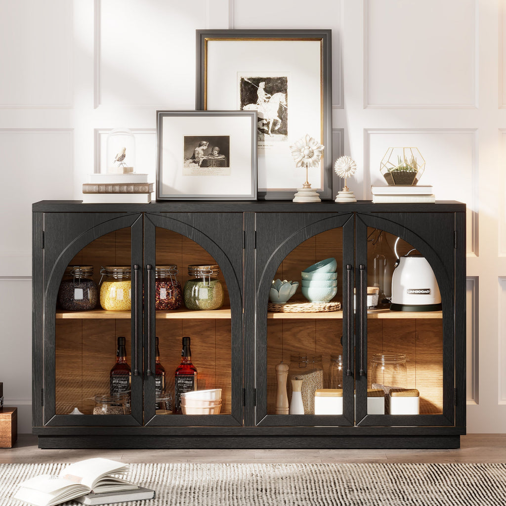 4-Door Storage Sideboard Buffet Cabinet with Arched Glass Doors